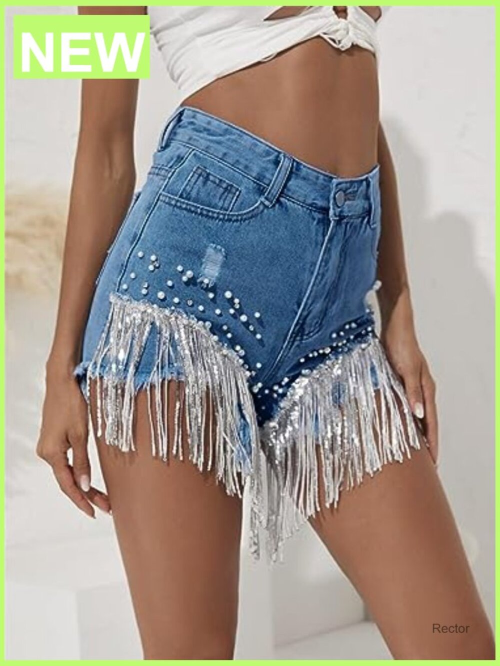 High Rise Rhinestone Fringe Denim Shorts - Distressed Ripped Jean - Picture 6 of 7